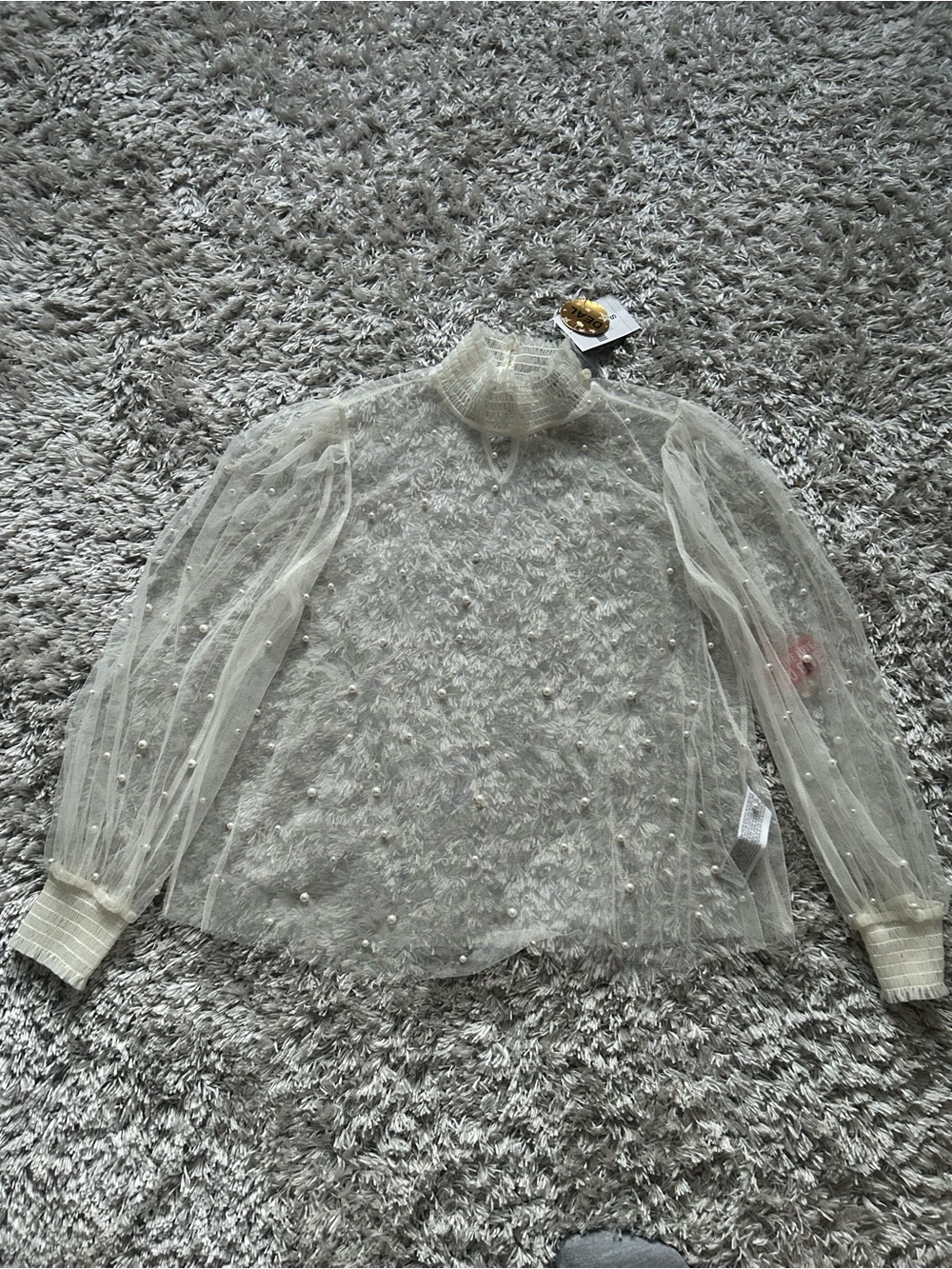 Forever 21 Ivory Pearl-Embellished Sheer Mock Neck Blouse